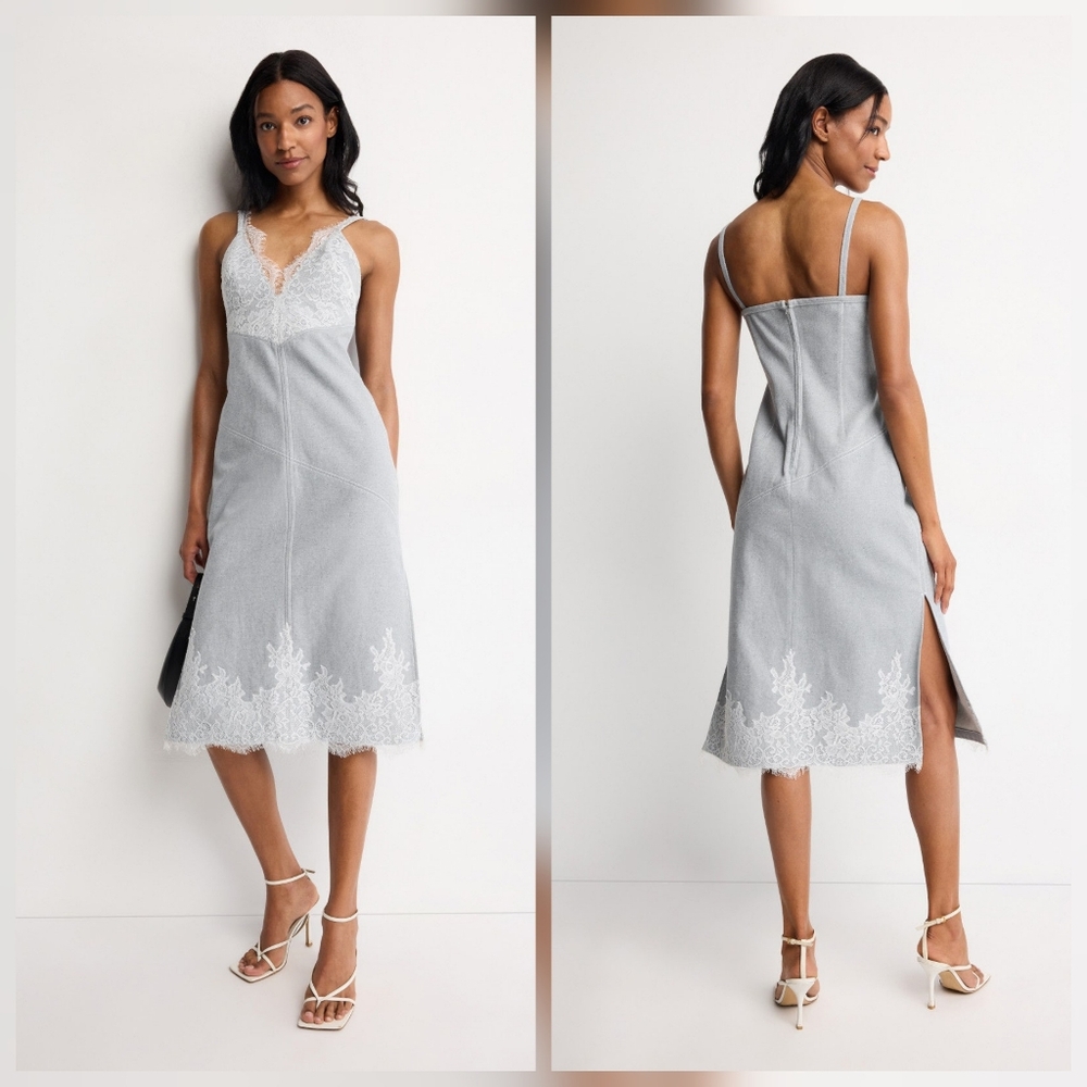 3.1 Phillip Lim Denim Slip Dress With Lace Hem Cotton  V-neck Sleeveless Size 6